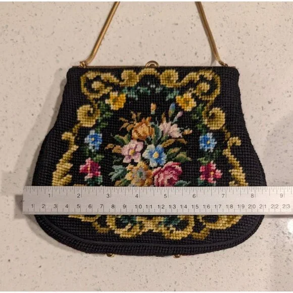 Vintage Floral Needlepoint Evening Bag Metal Frame Chain Strap etched clasp - Picture 12 of 16